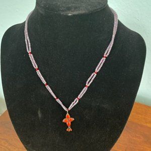 Jane Diaz - coral and silver Pendant with Amtheyst beaded chain
